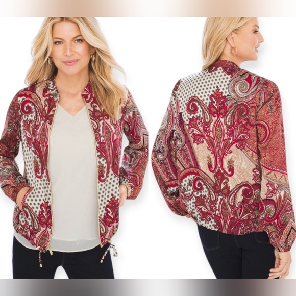 Chico's Jackets & Blazers - NWOT Chicos red pink white brown paisley bomber jacket Womens Medium